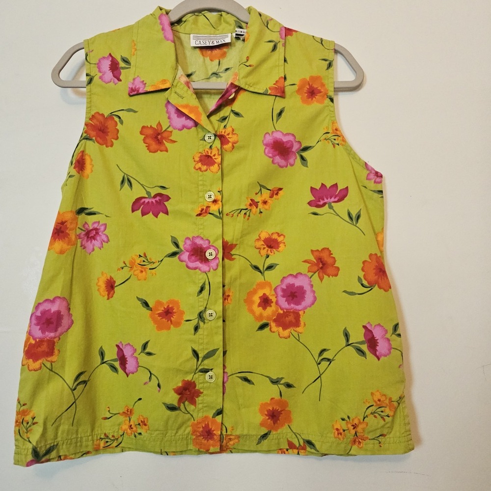 Y2K Medium Lime Floral Button-Up Tank | Cottagecore Fairycore Retro Summer Top